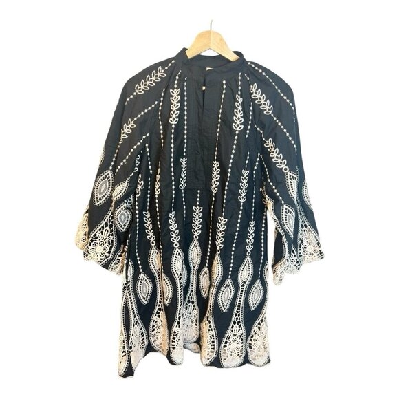 CIEBON Dianna Embroidered Long Sleeve Small Cotton Shift Dress $160 Black Cream - Picture 4 of 10